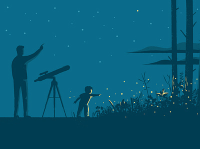 Firefly characterdesign children color illustration night stars summer summertime telescope texture vector