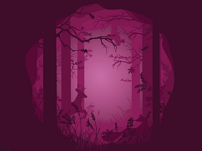 Into the woods deer depth flat forest fox illustration light magic monochrome papercut pink woods