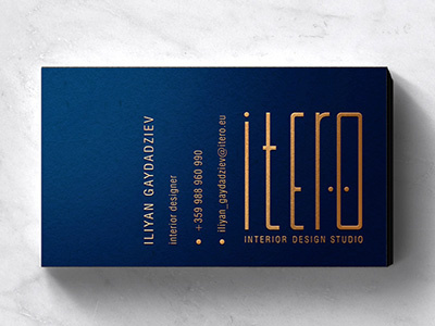 Itero interior design studio blue. dark brand business card copper design gold identity interior logo