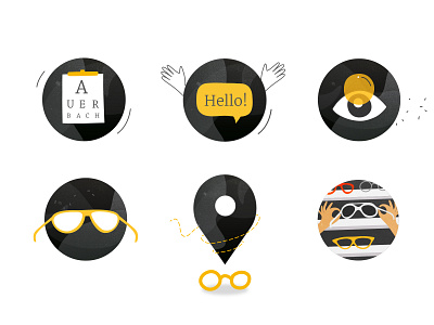 Icons pack for Auerbach & Steele circle collection custom dark examination eye frames glasses grey hello icon illustration lenses location noise optical set shop vector yellow