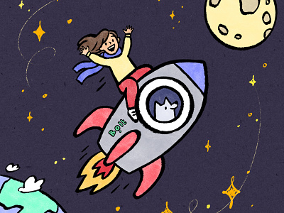 To the moon and back character cosmos cute art digital illustration drawing dreams editorial illustration girl character illustration lockdown moon procreate restrictions rocket simple illustration space stars travel