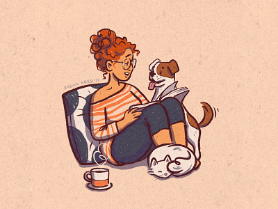 Autumn activities autumn book worm cat person character design cozy digital art digital painting dog person drawing fall girl home illustration reading reading a book tea