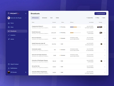 Prompt.io managing broadcasts animation b2b campaign builder design system elections enterprise software enterprise ux list view messaging political campaign product design sidesheet sms campaign builder sms text marketing table text broadcast saas product text campaign builder text campaign manager ui animation