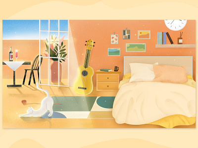 Warm home and cat illustration web