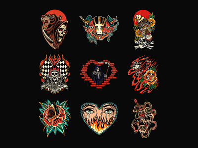 Designs for sale 2d apparel branding clothing design graphic design grimreaper illustration motorcycle screenprint skull snake t shirt tattoo