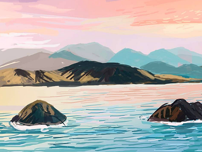 illustration test art artwork design digital painting illustration illustrator landscape landscape illustration moutains nature sea sky sunset typography