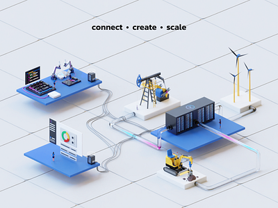 Connect, Create & Scale 3d blender cables code connect create dashboard data illustration keyboard machines platforms scale server tubes