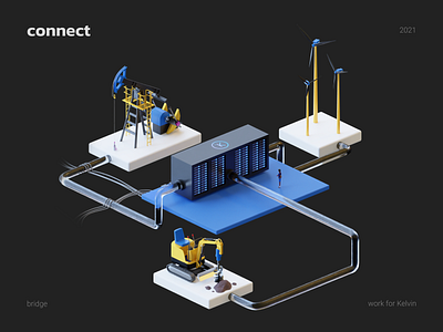 Connect 3d blender cables connect drilling machines oil rig server tubes turbines