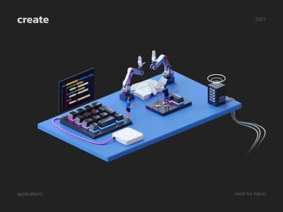Create 3d app application blender build cables code create illustration keyboard mechanical arms programming server tubes