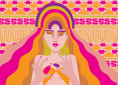 Nail Polish Goddess african pattern artwork beauty beauty illustration colorful digital art digital illustration digital illustrations female feminist funky groovy art magenta nail polish nail salon orange playful rainbow vector woman