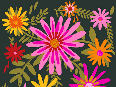 Dark mode Bellis Flower avocado green floral print flowers funky fuschia graphic graphic design flower groovy art hand drawn floral harvest gold magenta orange painted flowers room decor simplified flowers