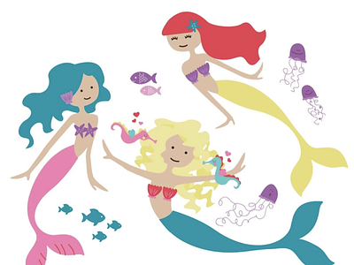 Playful Mermaids cute digital illustration illustration kids kids drawing kids product design kids products mermaids pretty mermaid
