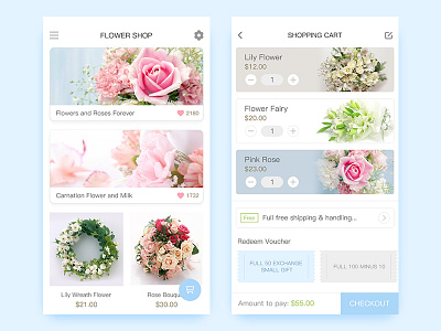 Flower Shop app blue flower pink rose shop ui