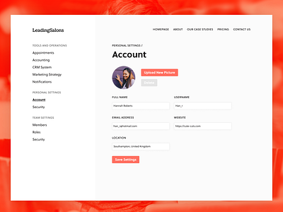 LeadingSalons - User Profile profile page profile settings settings page user user account user interface user profile user settings
