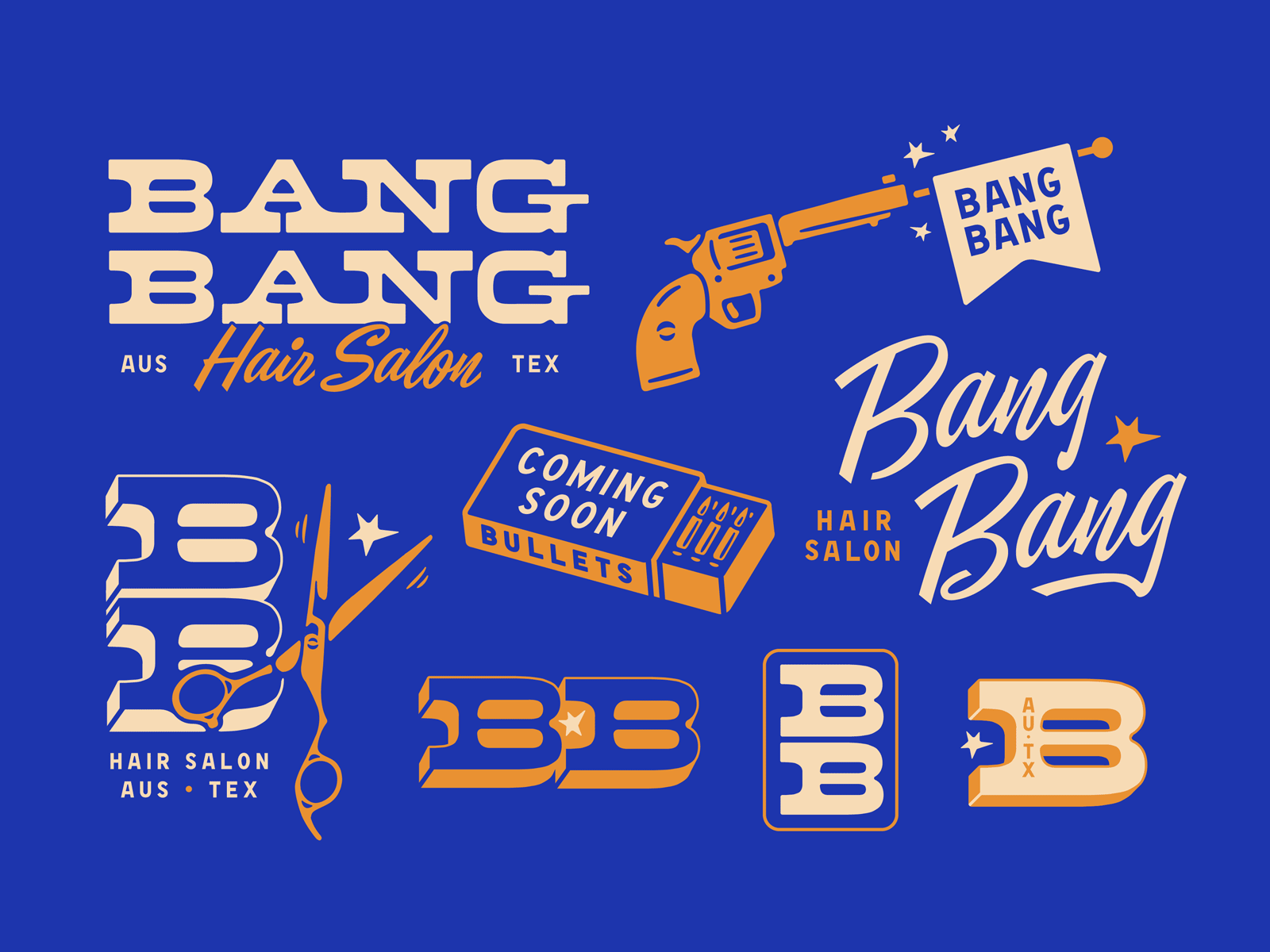 Bang Bang bang brand bullets gun haircut illustration logo salon scissors shot western