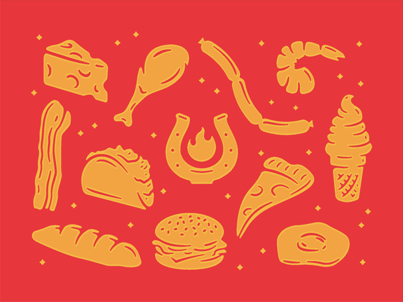 Hot Luck 2019 Food Illustrations bacon bread cheese chicken cone egg festival food hamburger hot luck ice cream illustrations pizza shrimp taco texture