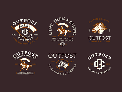 Outpost Canning Preserves - First Round Lockups america branding colonial food horse lockup logo mark mascot monogram pioneer salsa typography vintage western