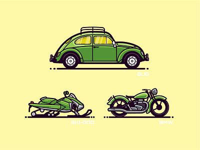 Monoline Vehicles 1.3 automobile bike bug car flat illustration modern motorcycle snomobile snow vw