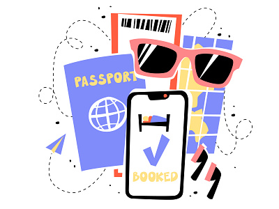 Dreams... cartoon flat flight ticket passport phone sunglasses travel voyage
