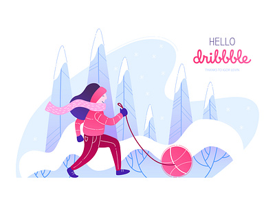 Hello Dribbble! ball design dribbble flat hello illustration jogging snow vector winter wood