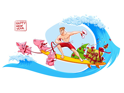 Santa's delivery at Chinese year of the Pig cartoon new year pig santa sea surfing