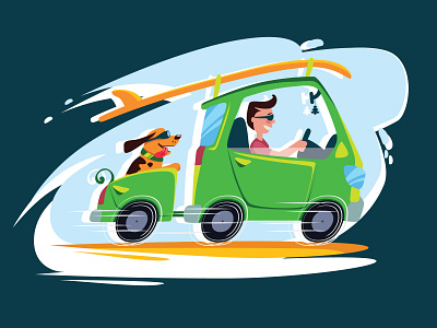 Journey car cartoon dog flat friend illustration journey smart surfing travel
