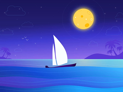Animated night boat ae after effects animation birds boat cloud falling star hypnotic illustration moon moonlight motion motion design motion graphic night ocean sea stars vector waves