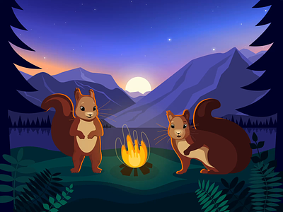 Night squirrels ae after effects animation characters fire fish forest grass illustration jump moon moonlight motion motion design motion design school mountains night pinetree squirrel stars