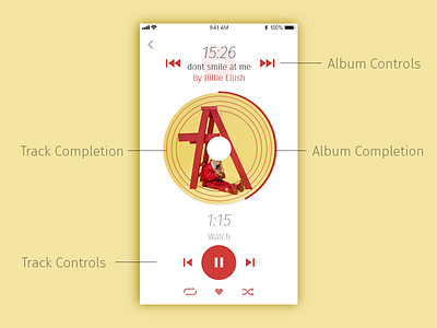 Music Player to listen to albums start - finish #009 of #dailyui album billie iphone music pause play player record red track yellow