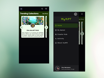 Drawer navigation UI for Mobile code dark mode dark mode dribbble frontend green ui