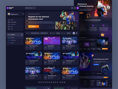 Rocksteady Game Tournament UI/UX Design case study dark mode design esports figma flat landing page mobile app modern neuomorphism pubg purple sketch tournament ui ui design ux valorant video game xd