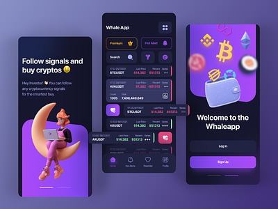 Crypto Signal Tracker Whale Mobile App UI/UX Design bitcoin case study coin crypto cryptocurrency figma finance nft signal tracker stock token trading ui design ux design wallet whale whale app
