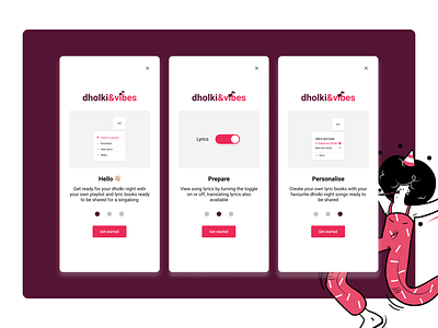 Daily UI 023 - Onboarding cleaninterface dailyui illustration mobile music onboarding party pink preview uidesign wedding