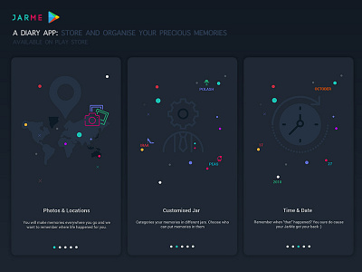 Jarme Onboarding Screens android app app intro diary illustration journal location memory mobile onboarding product into tour