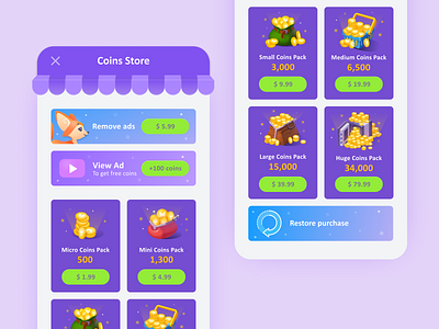 Game coins store app bright coin color graphic design illustration ios mobile app store ui ux
