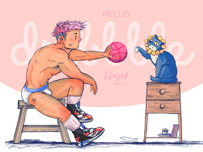 hello dribbble cartoon character design comic first shot hello dribbble life muscular man my cat pink