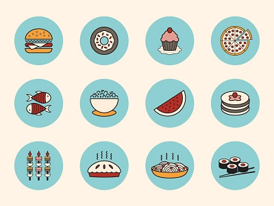 Food Icons app bistro burger cherry circular cupcake dishes fish flat food glyph icons line minimal modern pancakes pasta pie pizza restaurant salad simple stroke sushi ui web