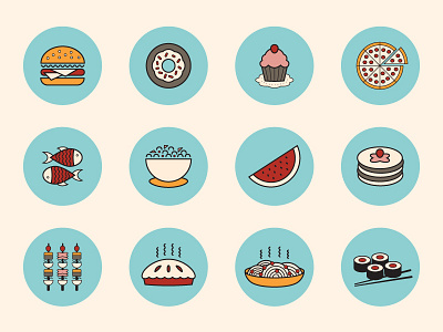 Food Icons app bistro burger cherry circular cupcake dishes fish flat food glyph icons line minimal modern pancakes pasta pie pizza restaurant salad simple stroke sushi ui web