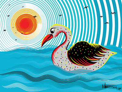 Swan birds cg painting degital illustration sky sun swan vector water