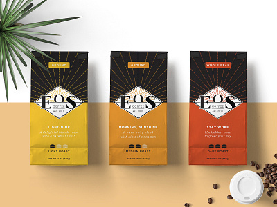 Eos Coffee Packaging branding coffee coffee beans coffee logo drip food logo morning packaging packaging series sun logo warm colors