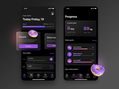 Fitness app app daily goals dairy dark app dark mode dark theme dark ui fitness fitness app habit tracker illustration mobile progress progress bar reminder reminder app schedule to do app ui ux