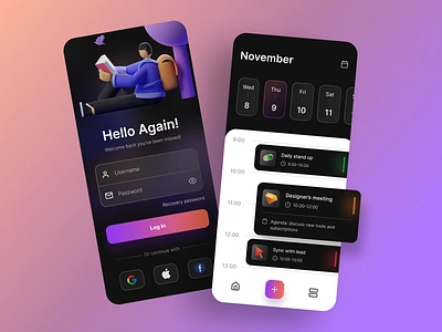 Calendar app calendar dark ui dashboard date datepicker event forgot password illustration log in login meeting mobile planning product register schedule sing in timeline ui ux