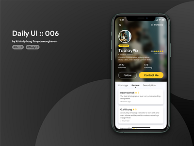 Photographer Profile #dailyui #006 006 app app design application black comment dailyui design photographer photography rating ui userinterface yellow