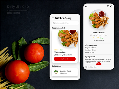 Recipe on Kitchen Story #dailyui #040 app application clean clean design clean ui cookbook cooking dailyui design food food app fried chicken recipe recipe app recipe book recipe card recipes ui userinterface white
