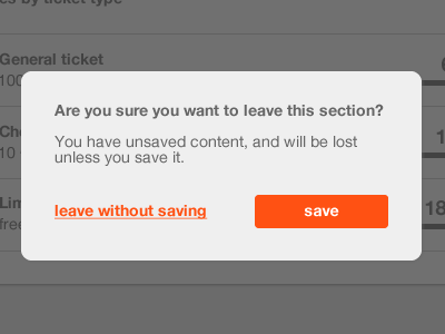 Are you sure you want to leave this section? confirmation dialog form ticketea ticketea.com