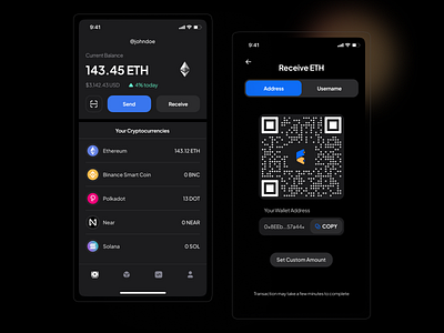 Crypto Wallet - Dark Mode Exploration 🌑 bitcoin wallet bitcoins crypto crypto currency crypto exchange crypto wallet cryptocurrency dark dark app dark mode dark theme dark ui finance app mobile app mobile app design wallet app walletapp