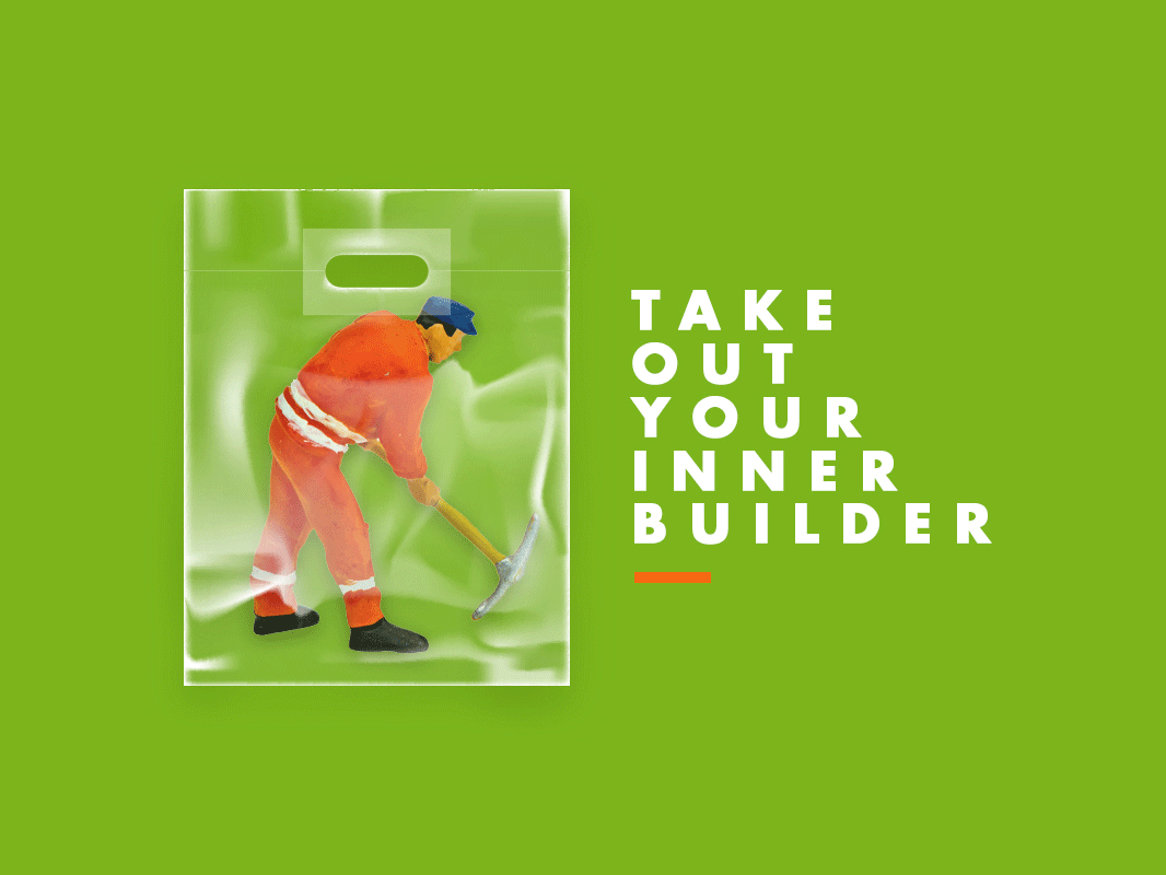Take out your Inner Builder agency builder campaign concept digital green hardhat man orange packet pitch takeout