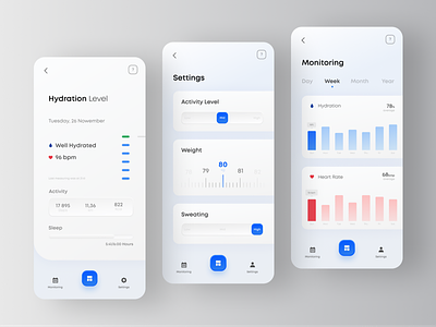 Hydration Monitor – Mobile App activity appconcept design health app healthcare hydration minimal mobile mobile app mobile ui monitoring dashboard sport ui user experience user interface user interface design ux