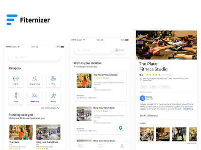 Fiternizer - Booking Gym ( Home screen, Search, Details ) animation app detail home interace ios mobile mobile app search ui uidesign ux ui