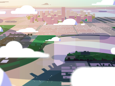 Cityscape animation birds eye view clouds lighting sky styleframe